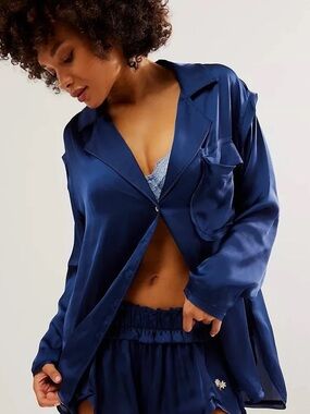 Free People Silky Navy Satin Pajama Top - Women's Intimates